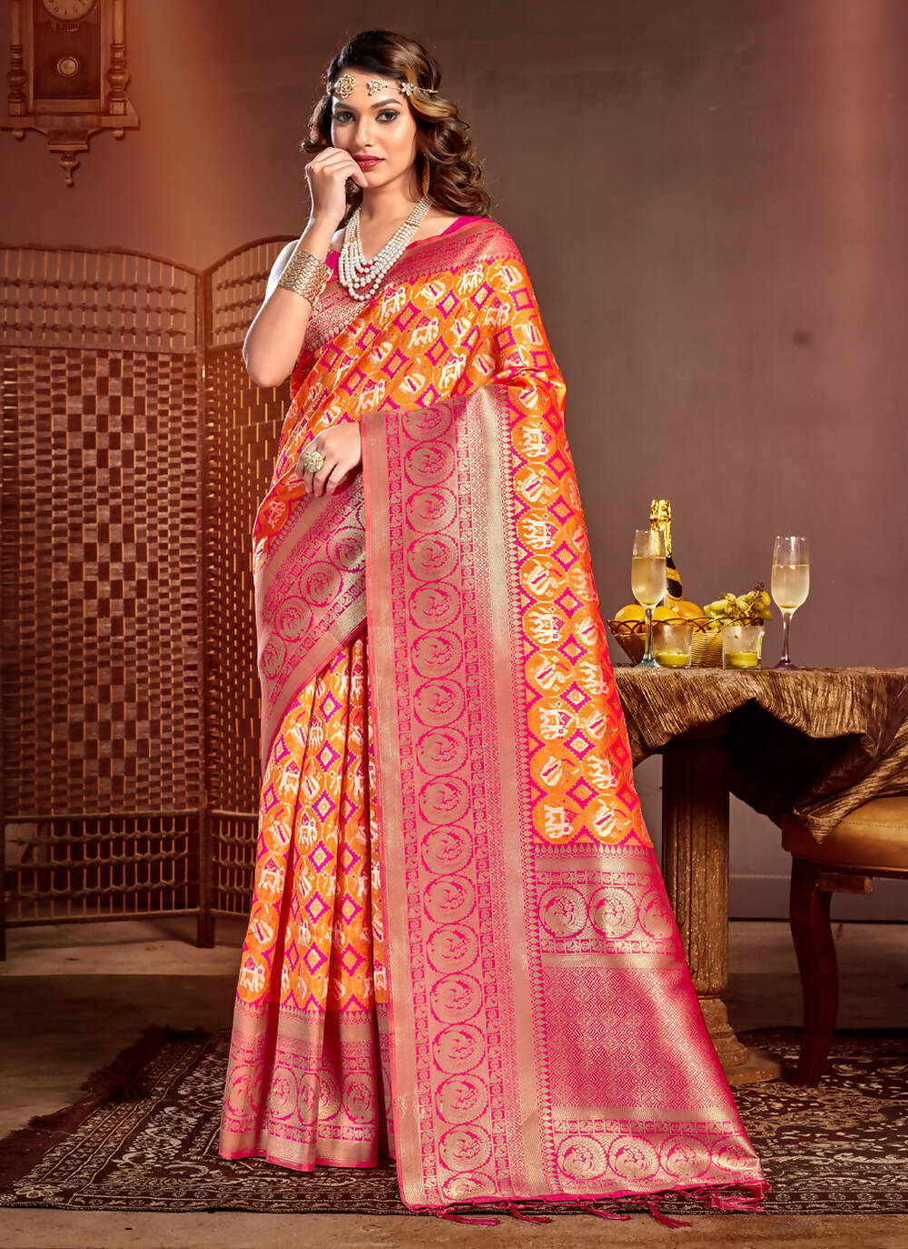 Orange Patola Silk Zari Woven Design Saree with Unstitched Blouse Piece - Aachal | Grocsy