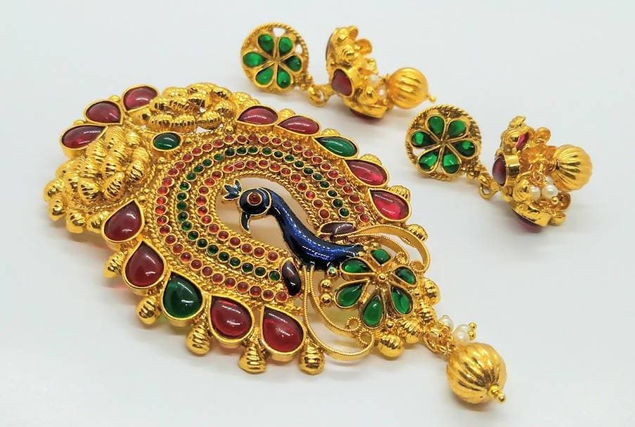 Gold-Polished Multicolor Kemp Peacock Pendant Set | Grocsy