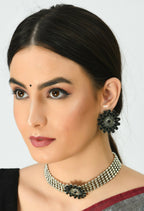 Mominos Fashion Johar Kamal Oxidised Silver-Plated Brass Finish Kundan Choker For Women (Black) | Grocsy