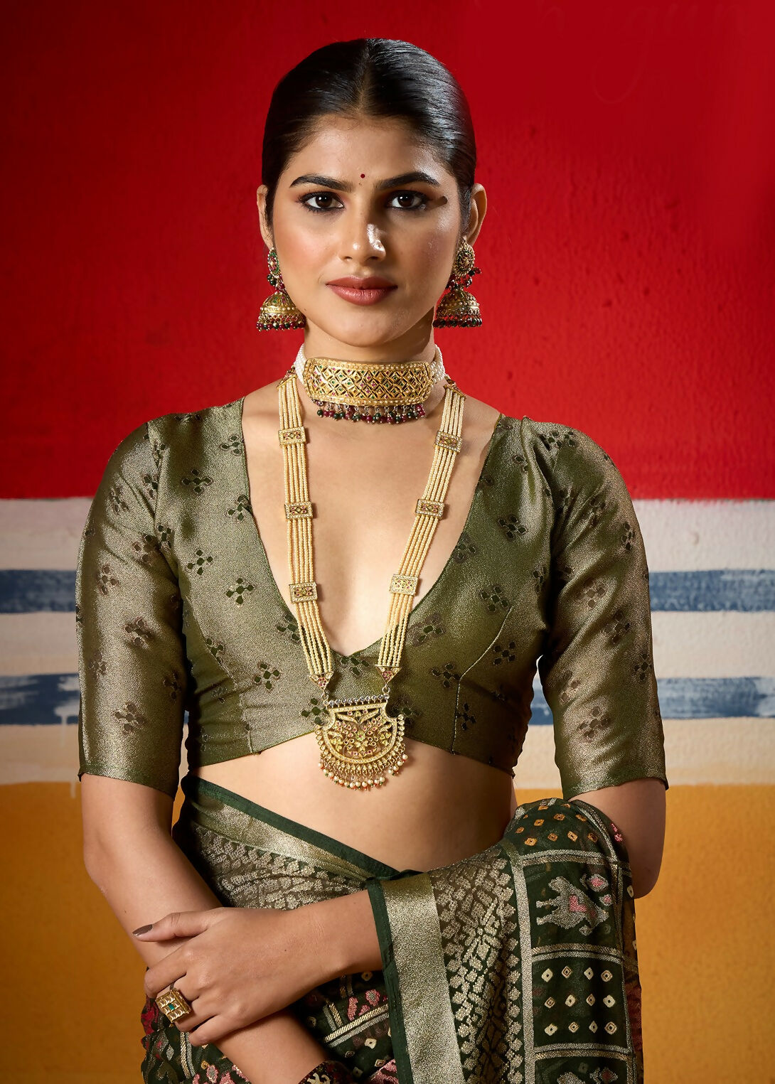 Joban Fashion Green Dull Moss Brasso Saree | Grocsy