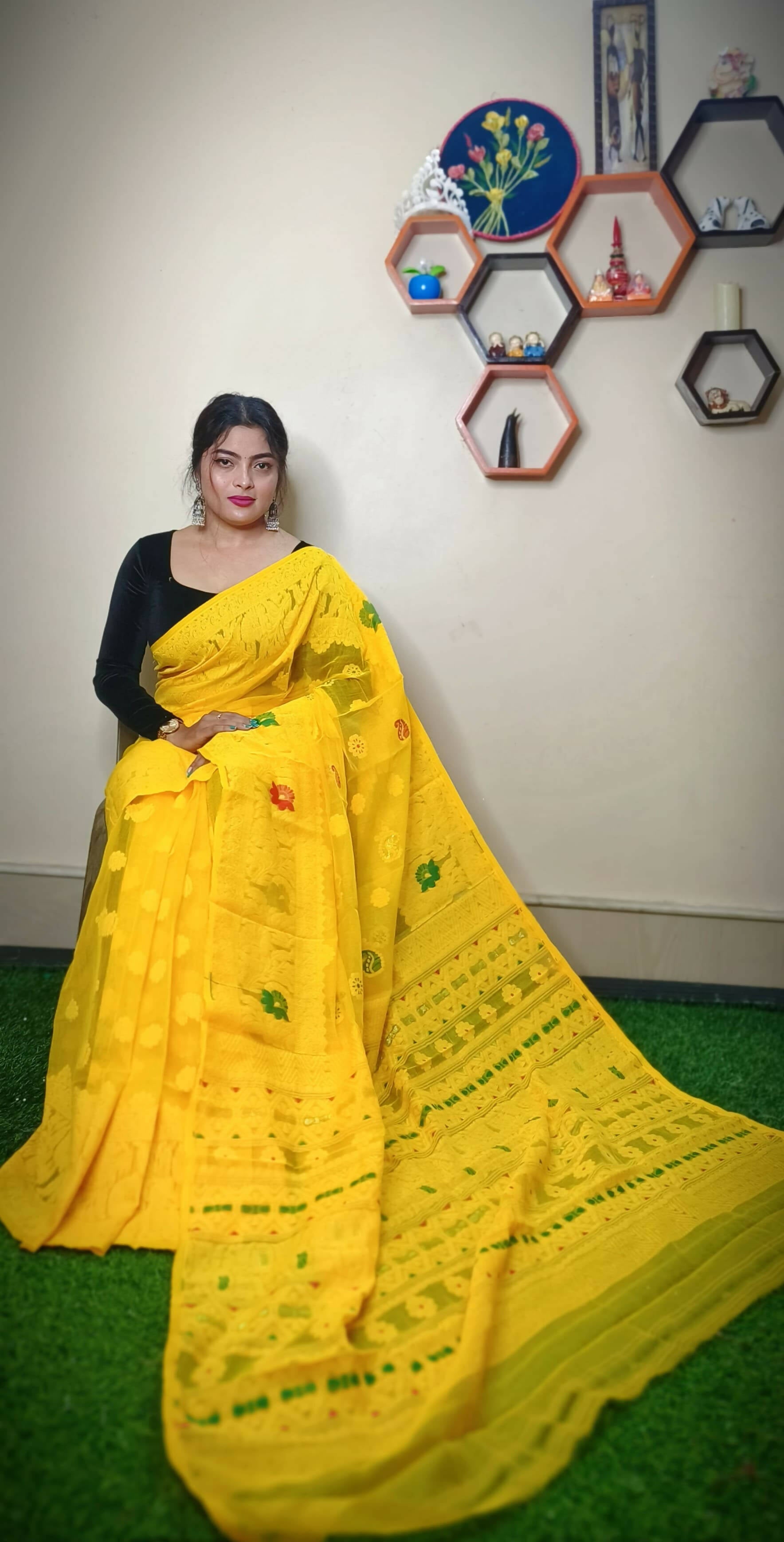 Exclusive Collection Handloom Dhakai Jamdani Saree - Pure Yellow | Grocsy