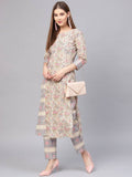 Yufta Women Beige & Grey Printed Kurta with Trouser | Grocsy