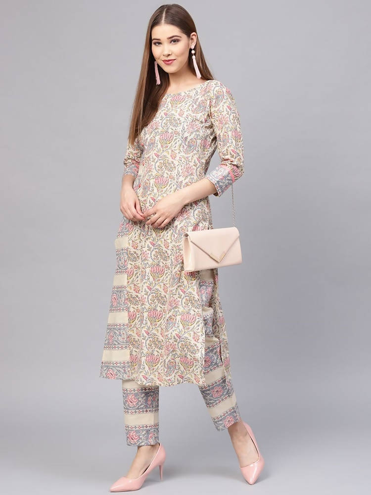 Yufta Women Beige & Grey Printed Kurta with Trouser | Grocsy