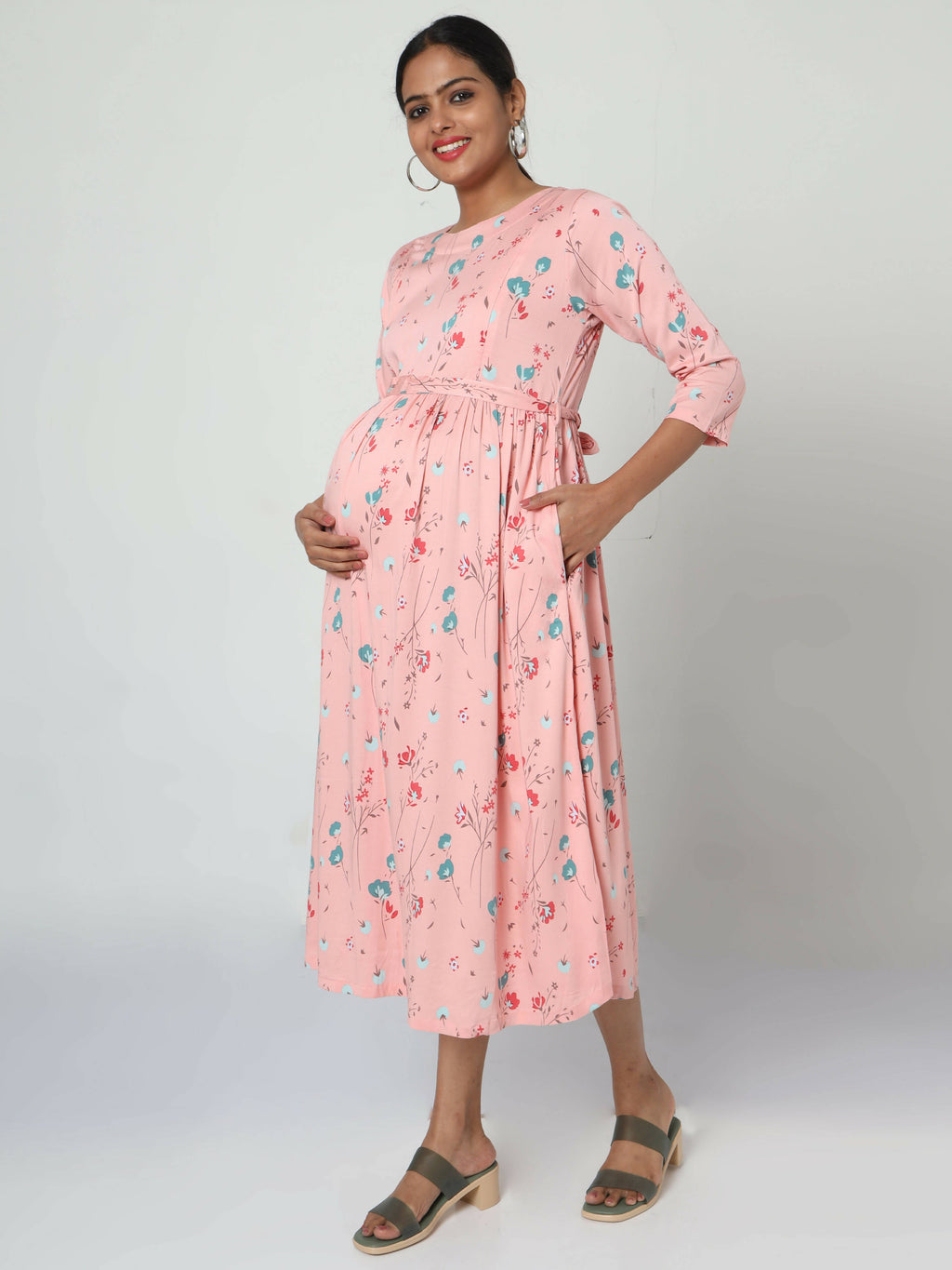 Manet Three Fourth Maternity Dress Floral Print With Concealed Zipper Nursing Access - Peach | Grocsy