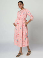 Manet Three Fourth Maternity Dress Floral Print With Concealed Zipper Nursing Access - Peach | Grocsy