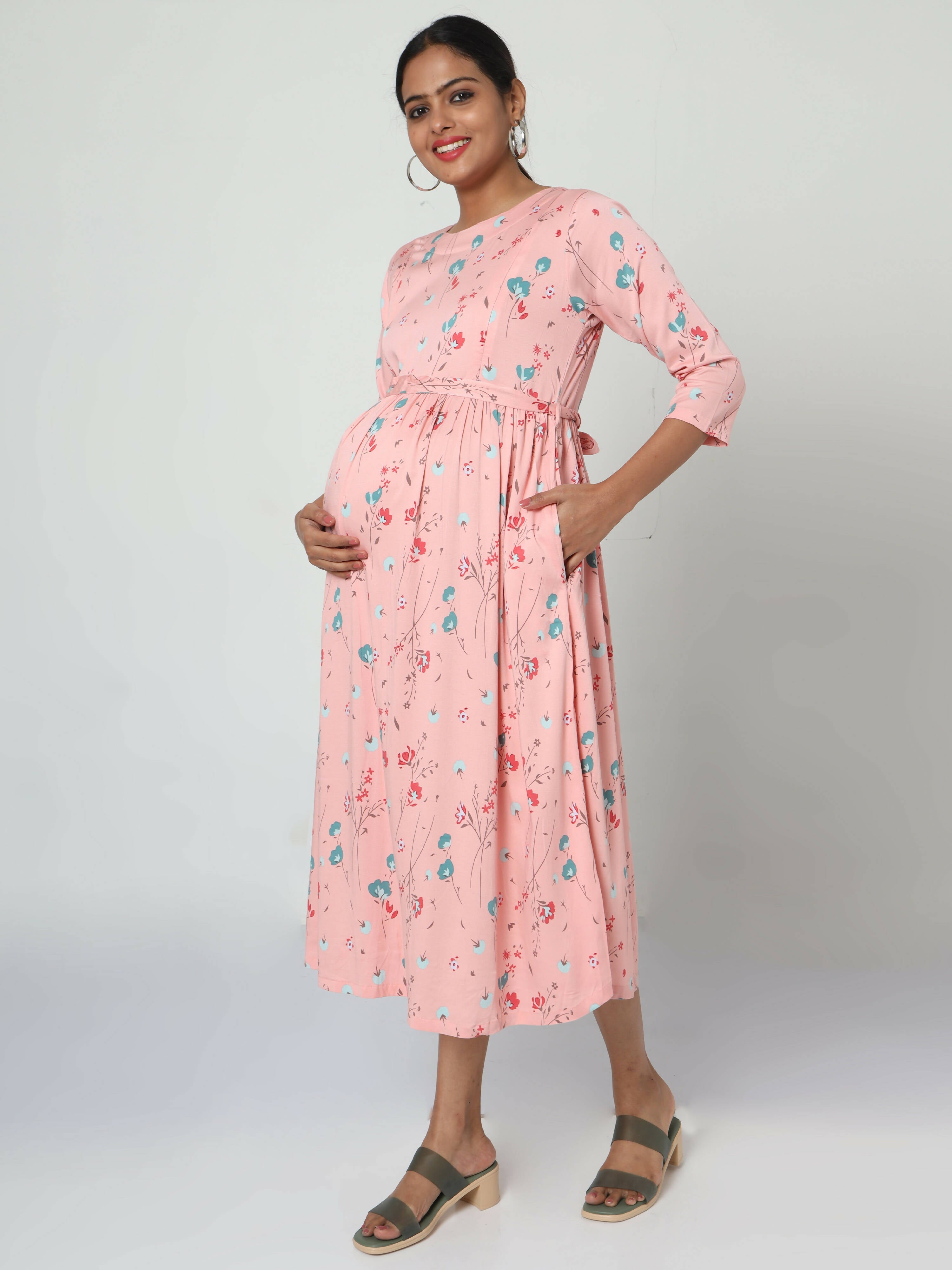 Manet Three Fourth Maternity Dress Floral Print With Concealed Zipper Nursing Access - Peach | Grocsy