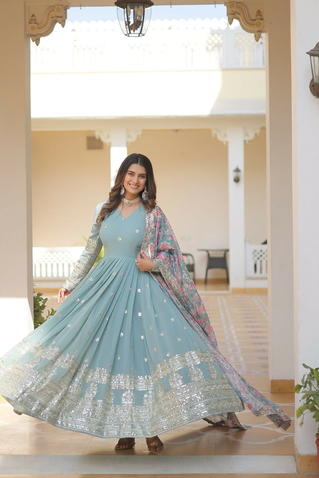Joban Fashion Sky Blue Georgette Sequence Embroidery Work Kurta Set | Grocsy