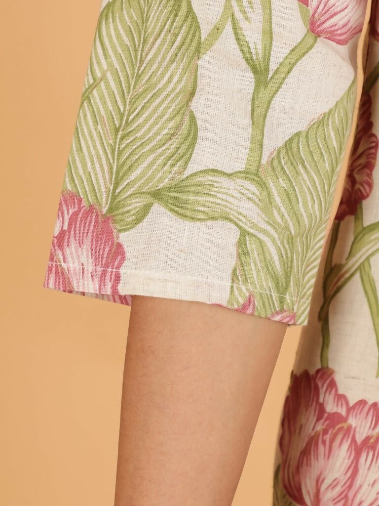 Aramya Straight Linen Cotton Floral Print Women's Kurta - Off White | Grocsy