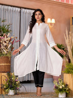 Juniper Women's Off White Thread Embroidered Cotton Asymmetrical Kurta With Button Closure | Grocsy