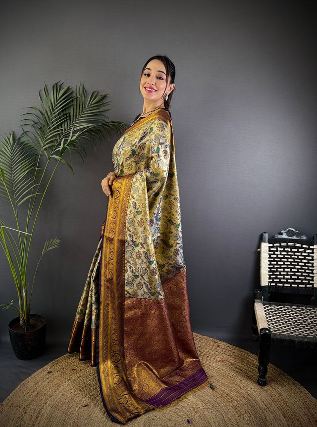 Elora Green Silk Leheriya Meenakari Zari Weaves Dharmavaram Saree | Grocsy