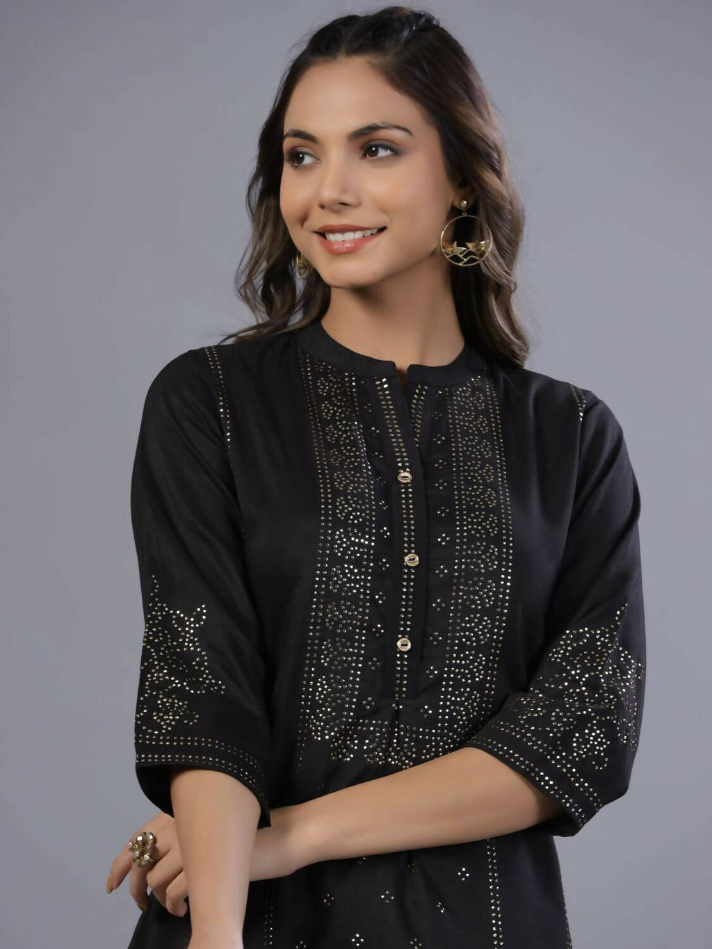 Juniper Women Black Chinon Silk Mukesh Work Straight Tunic | Grocsy