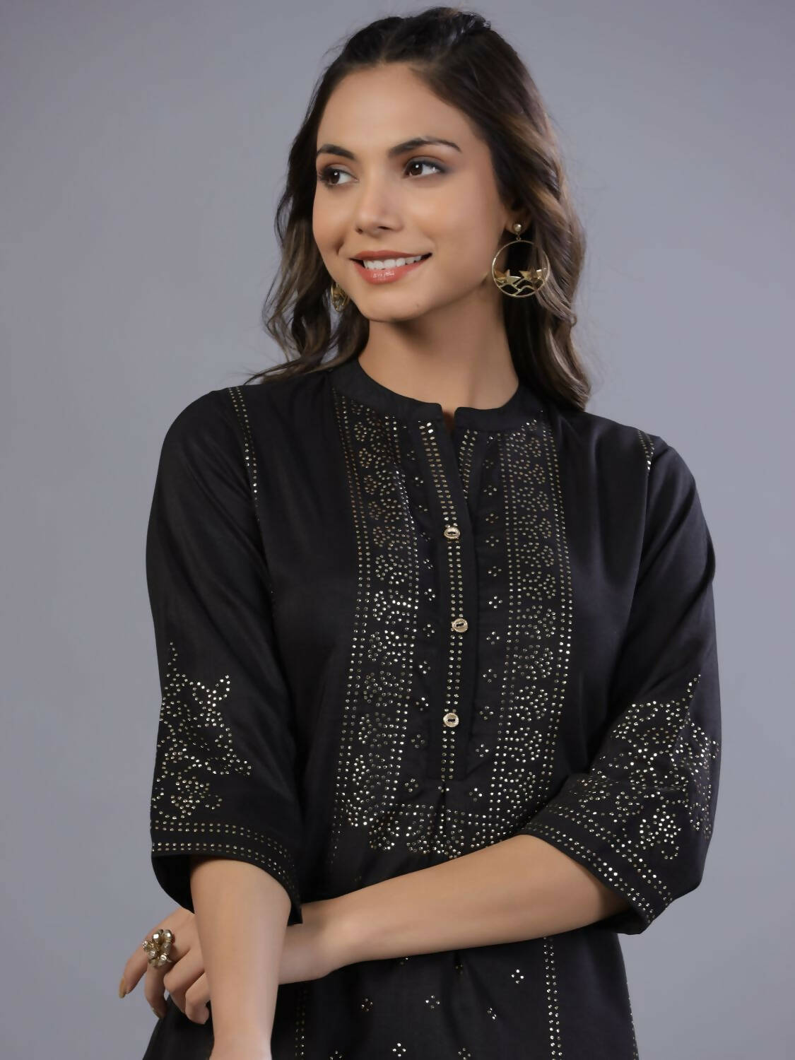 Juniper Women Black Chinon Silk Mukesh Work Straight Tunic | Grocsy