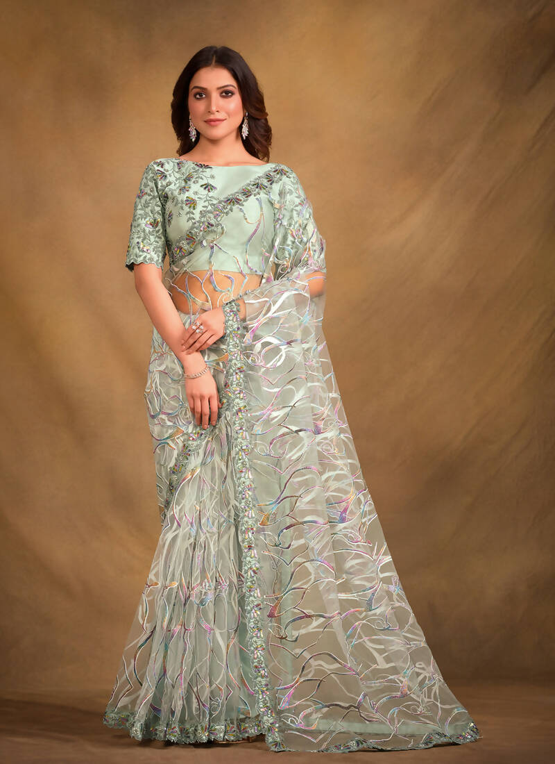 Sea Green Velvet Texture Net Designer Saree with Unstitched Blouse - Norita Mahitha | Grocsy