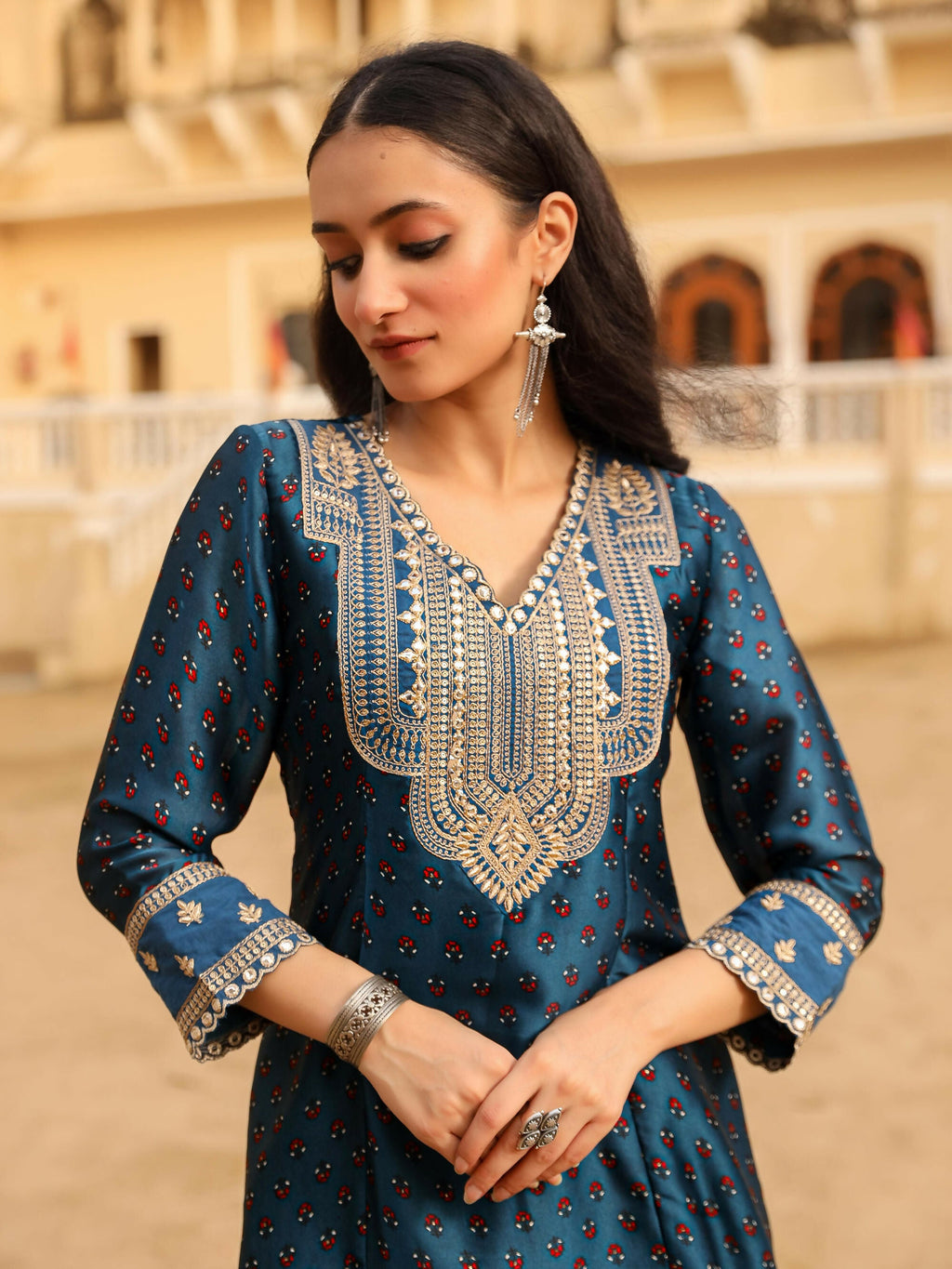 Juniper Women's The Swarn Blue Ethnic Motif Printed Satin Kurta Pant And Dupatta With Zari & Mirror Work | Grocsy