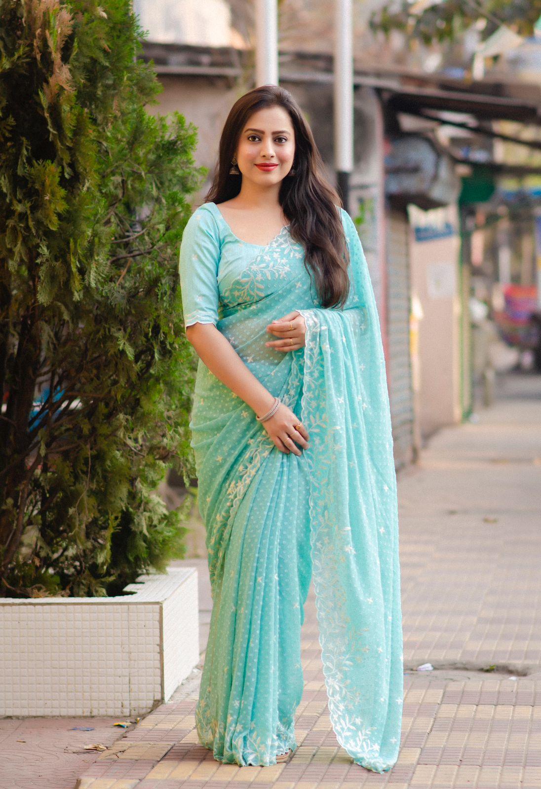 Sky Pure Chiffon Woven Design Saree with Unstitched Blouse - A2M | Grocsy