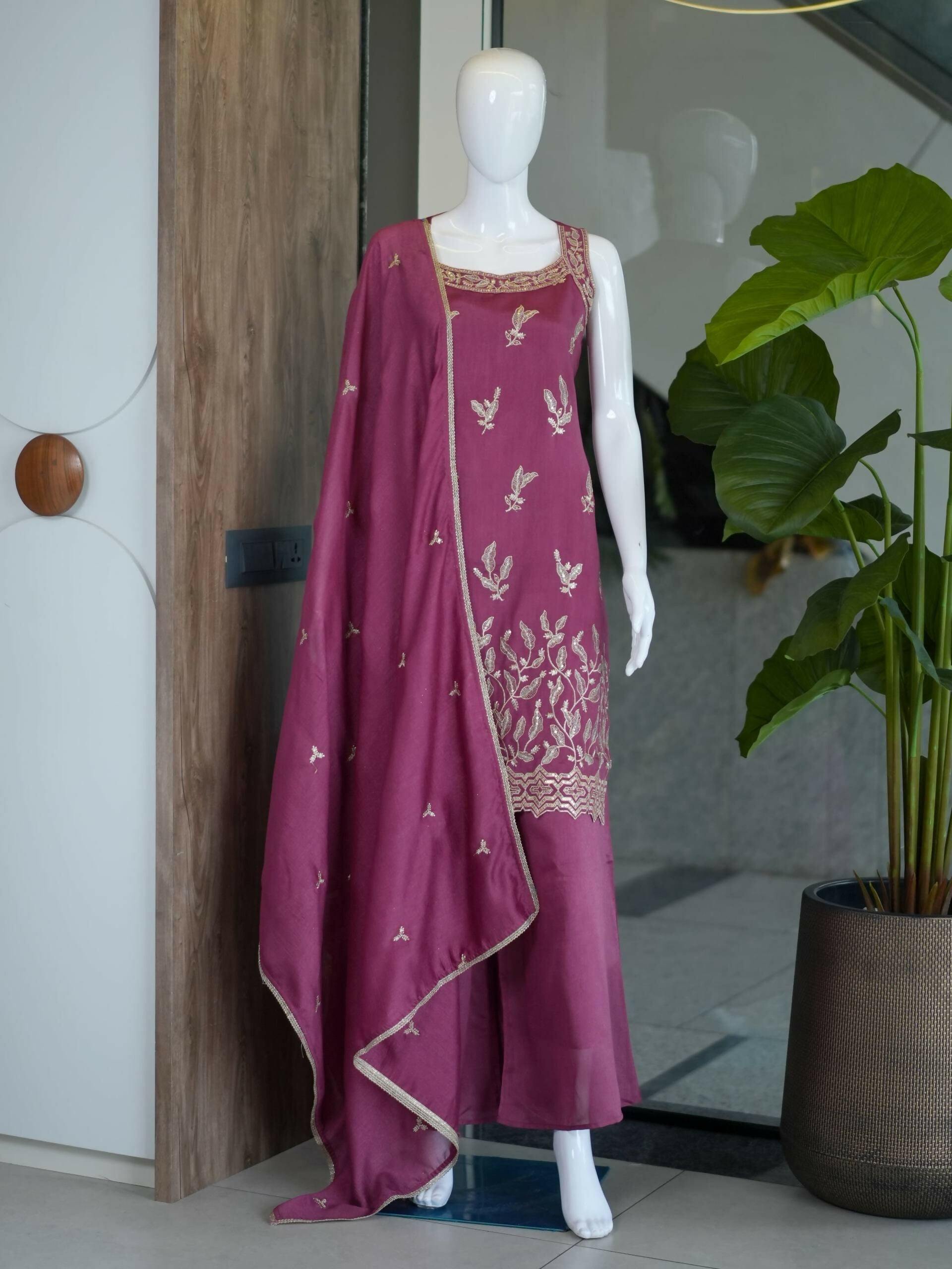 Teeya Creation Wine Embroidered Georgette Straight Kurta With Palazzo And Dupatta Set | Grocsy