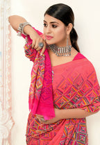 Peach Georgette Geometric Printed Saree With Unstitched Blouse Piece - Jyoti | Grocsy