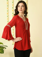 Myshka Women's Red Embroidered Party Fusion Top | Grocsy