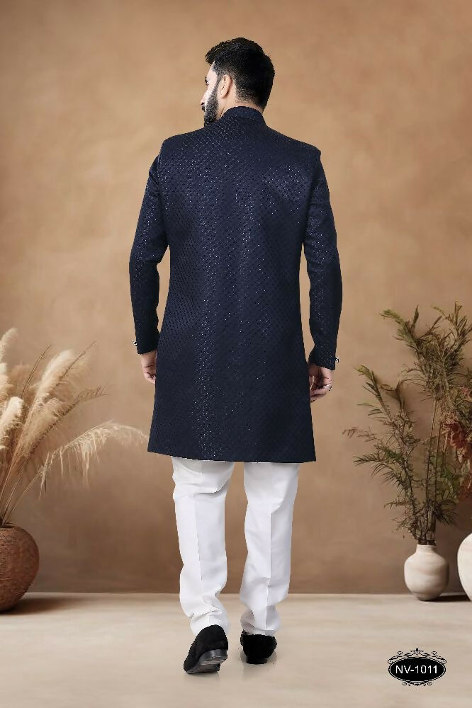 Joban Fashion Men's Blue Straight Silk Thread & Sequence Embroidery All Over Indo-Western Kurta Set | Grocsy