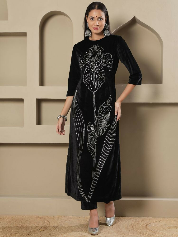 Joban Fashion Women Black Velvet Hand Embellishment Stitched Kurta Set | Grocsy