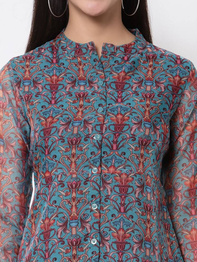 Myshka Women's Beautiful Organza Printed 3/4 Sleeve Round Neck Casual Multicolor Tunic | Grocsy