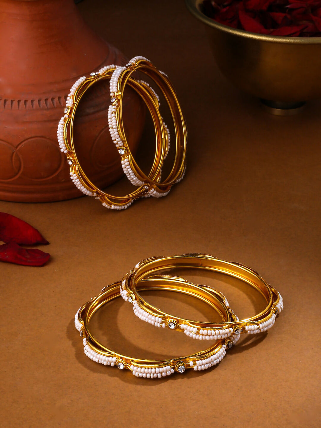 NVR Women's Set of 4 Gold-Polished Traditional Pearls Beaded Bangles