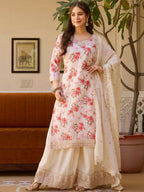 The52 White Women's Gorgeous Embroidered Chinon Fabric Straight Kurta Palazzo and Dupatta Set | Grocsy