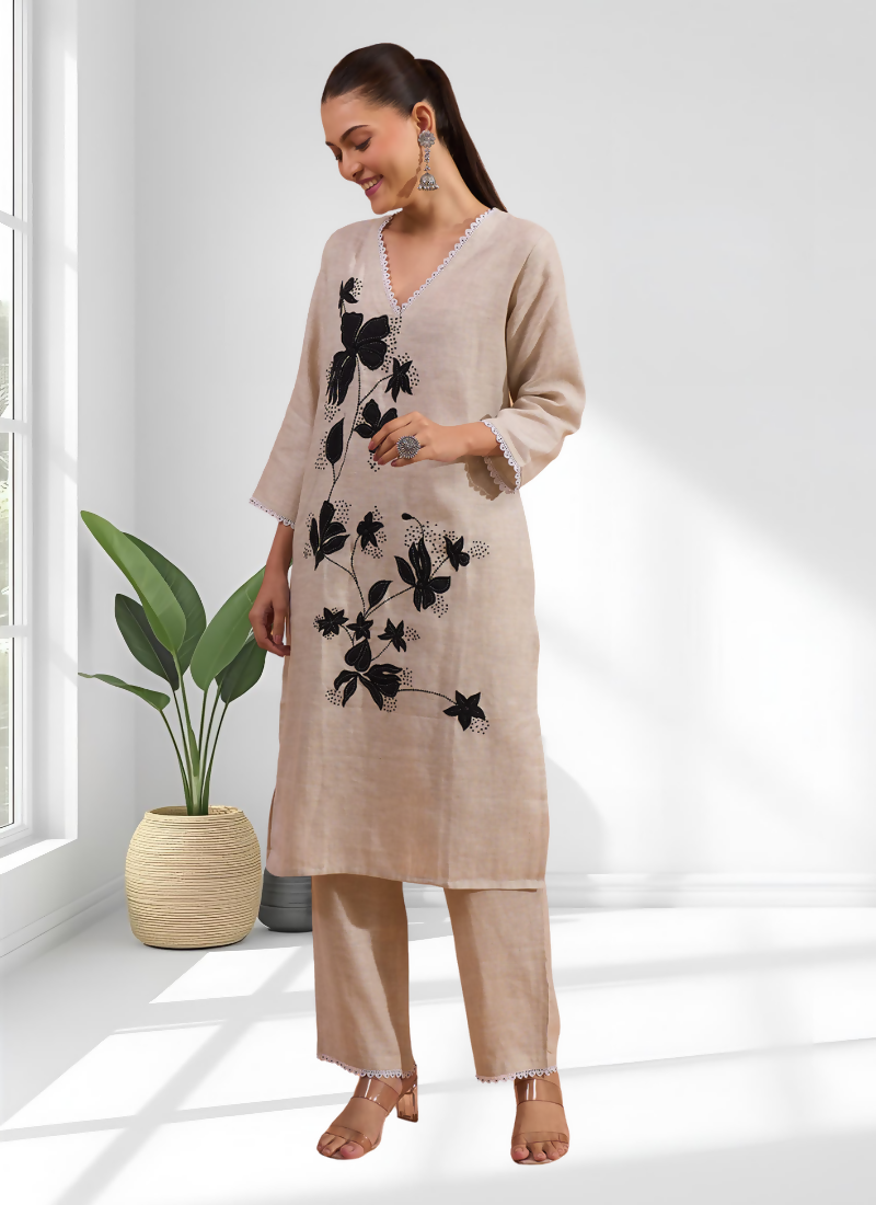 Joban Fashion Beige Linen Embroidered Readymade Long Kurta With Pant | Grocsy