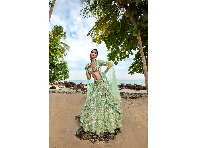 House of Panchhi Lime green Net Multi Sequins with heavy Zarkan embroidery Lehenga choli & Dupatta | Grocsy