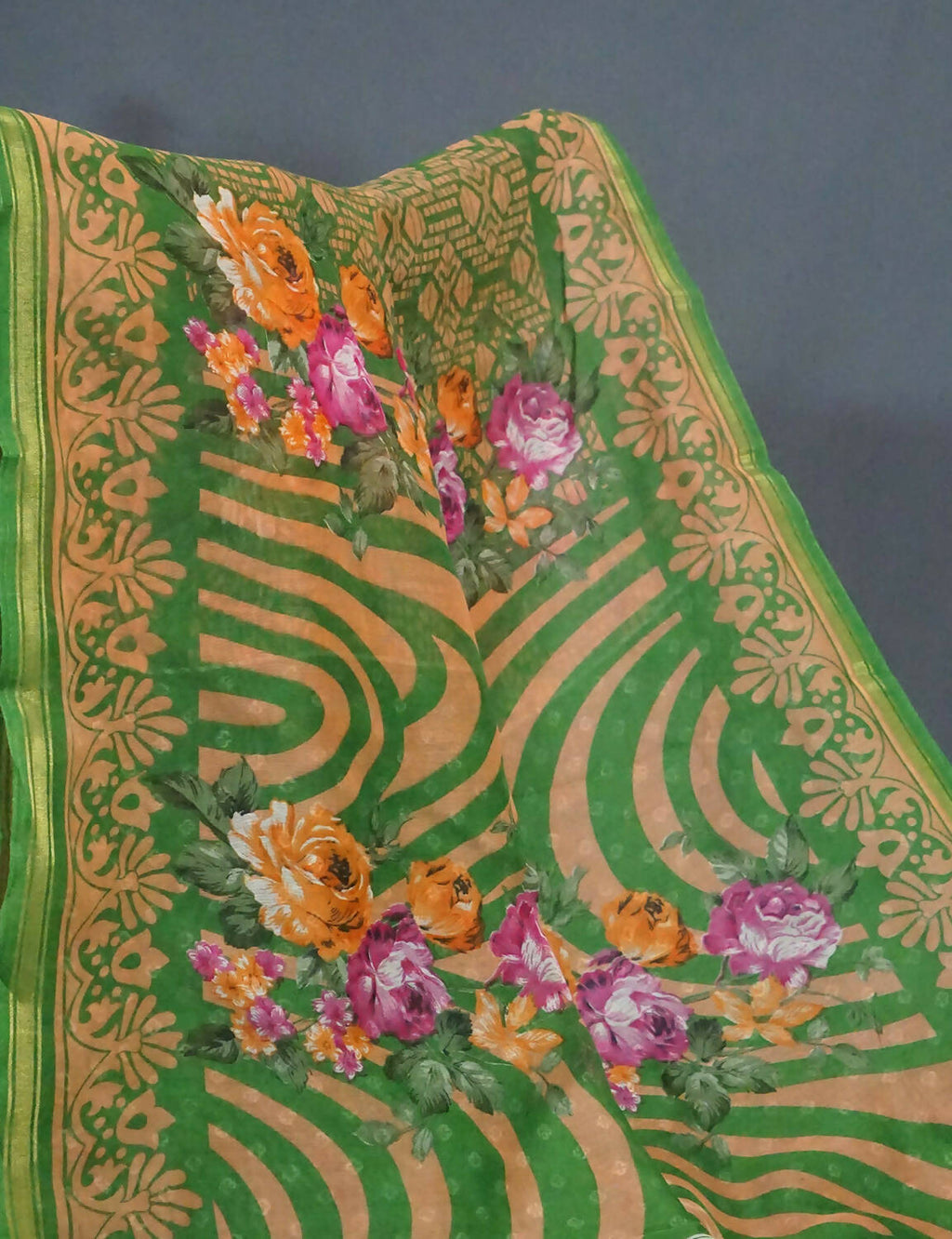 Shades Of Parrot Green Floral Design Semi Chanderi Saree By Gayathri Reddy Designer Studio | Grocsy