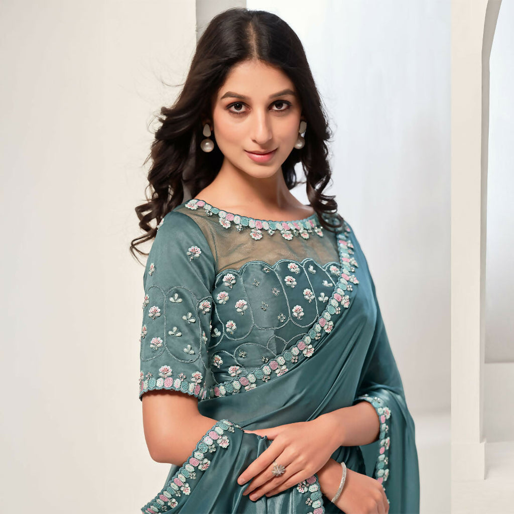 Sea Green Crepe Satin Silk Sequence & Handwork Saree With Unstitched Blouse - Norita Saanjh | Grocsy
