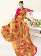 Brown Georgette Floral Printed Saree With Unstitched Blouse Piece - Jyoti | Grocsy
