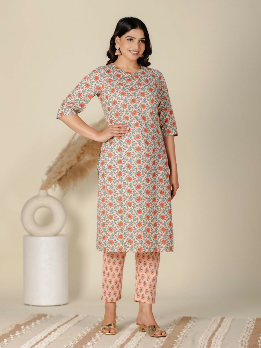 Aramya Orange Soft Cotton Floral Print Straight Kurta Set for Women | Grocsy