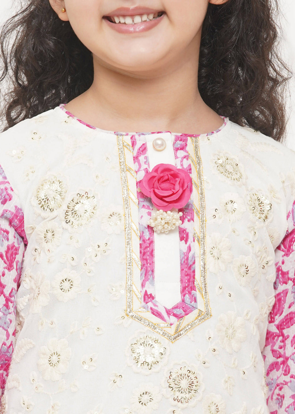 Little Bansi Girls Cotton Embroidery Kurta with Floral Sharara with Dupatta - White & Pink | Grocsy