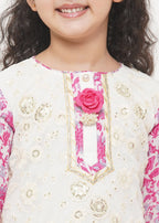 Little Bansi Girls Cotton Embroidery Kurta with Floral Sharara with Dupatta - White & Pink | Grocsy