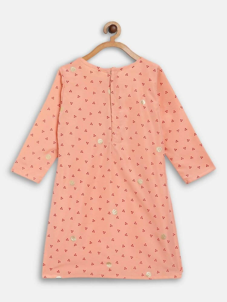 Ahalyaa Peach Crepe Gold Printed Kids Kurta Sets With Dupatta For Girls | Grocsy