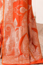 Joban Fashion Orange Banarasi Soft Pure Handloom Banarasi Silk Saree | Grocsy