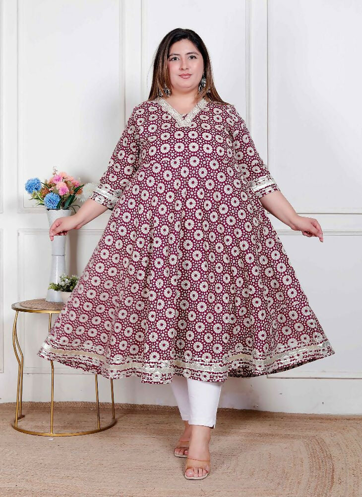 Miravan Plus Size Women'S Cream Embroidered Cotton Anarkali Kurta  | Grocsy