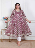 Miravan Plus Size Women'S Cream Embroidered Cotton Anarkali Kurta  | Grocsy