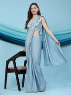 Blue Silk Satin Solid Ready to wear Saree with stitched Blouse - Satiksha | Grocsy
