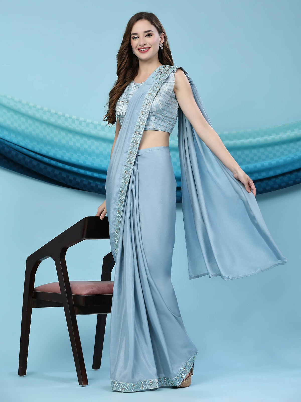 Blue Silk Satin Solid Ready to wear Saree with stitched Blouse - Satiksha | Grocsy
