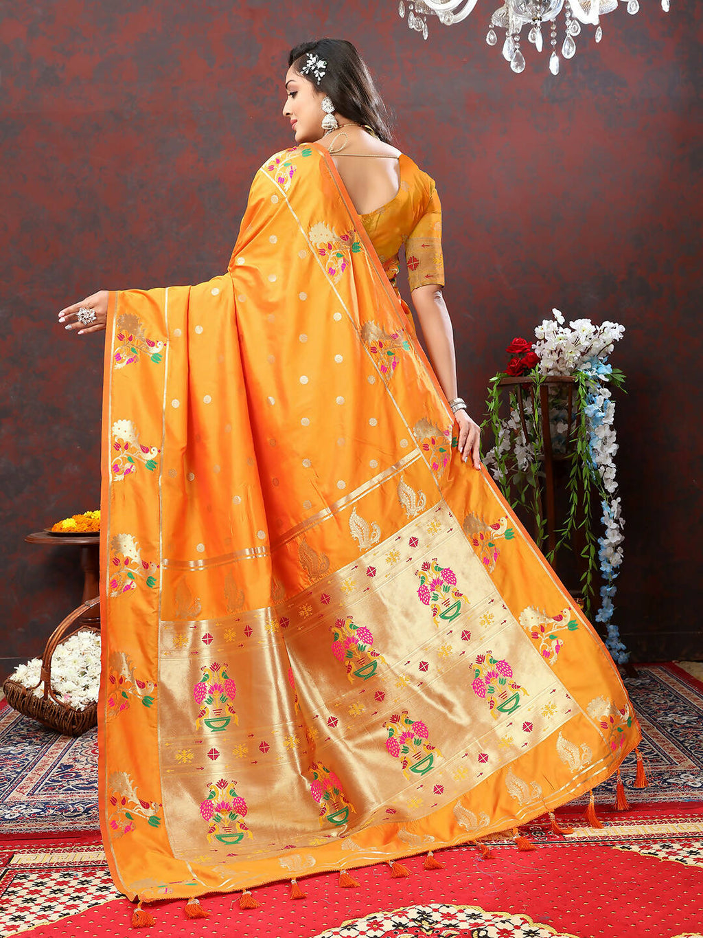 Lorenvalley Fashion Orange Soft Paithani Silk Woven Design Gold Zari Meenakari Weaving Saree | Grocsy