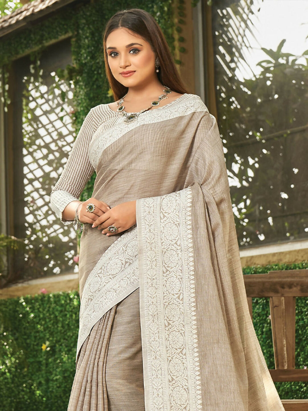 Shree Shyam Fashion Light Brown Linen Saree | Grocsy