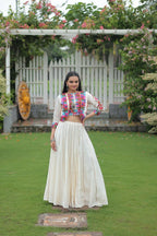 Teeya Creation White Colour Roman Silk With Gamathi Work Navratri Lehenga Choli | Grocsy