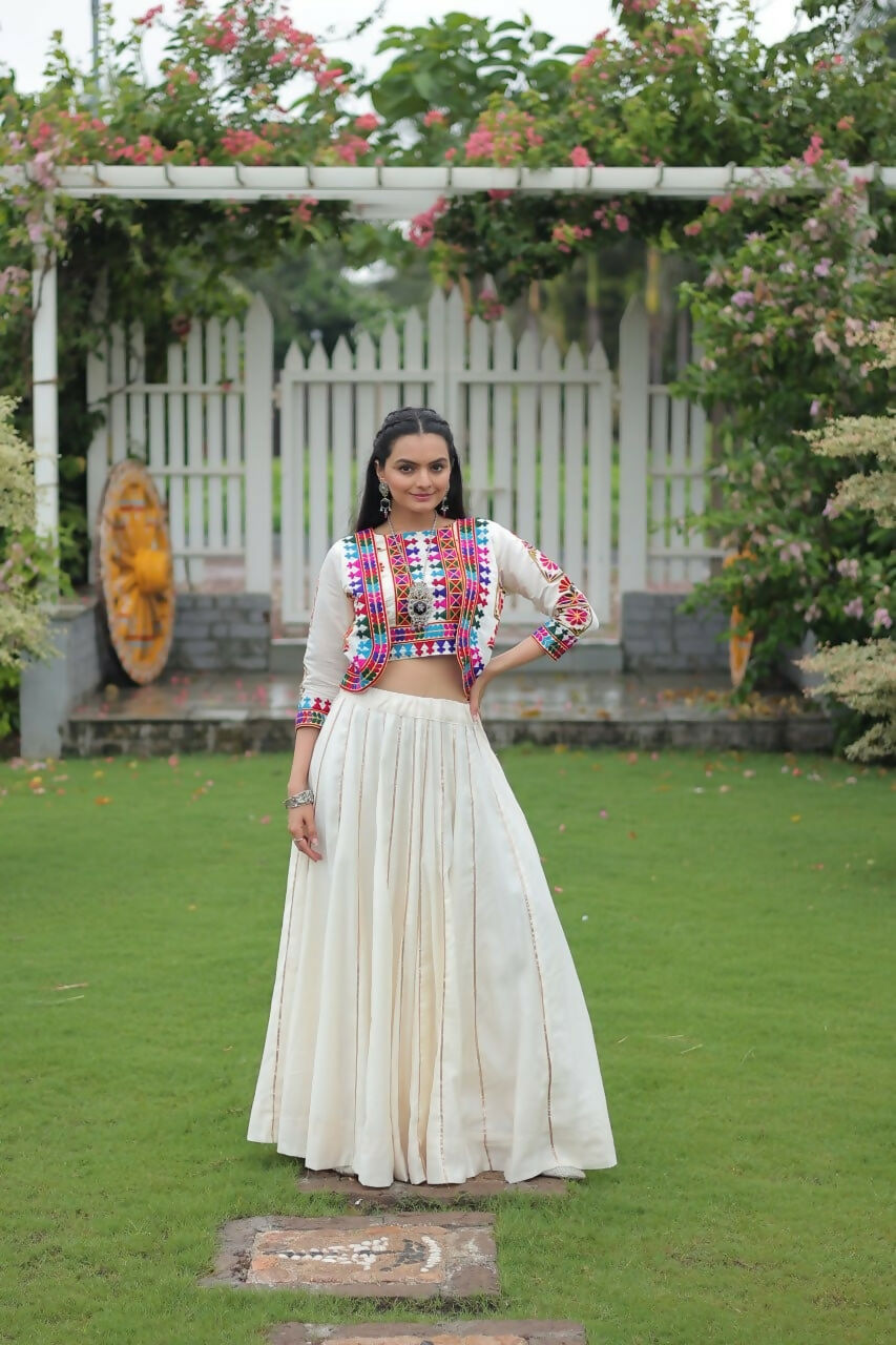 Teeya Creation White Colour Roman Silk With Gamathi Work Navratri Lehenga Choli | Grocsy
