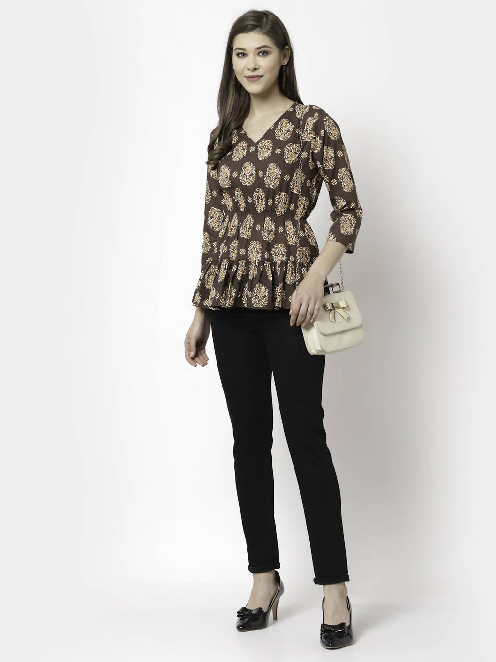 Myshka Printed 3/4 Sleeve V-Neck Casual Pure Cotton Top For Women | Grocsy