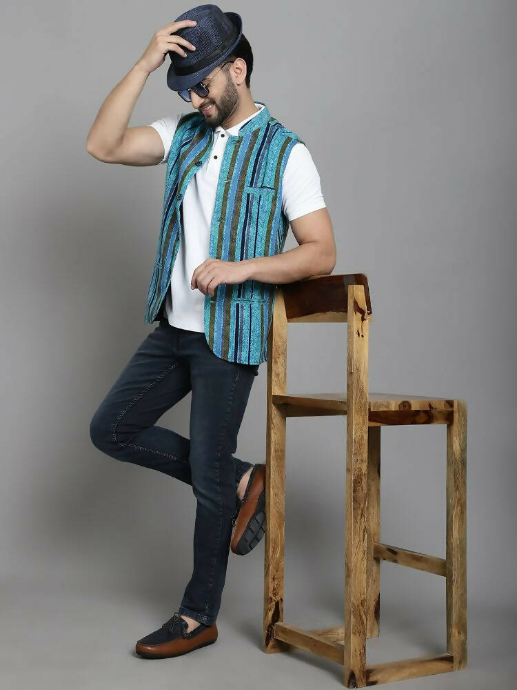 Even Apparels Nehru Jacket With Welt Pockets - Blue | Grocsy