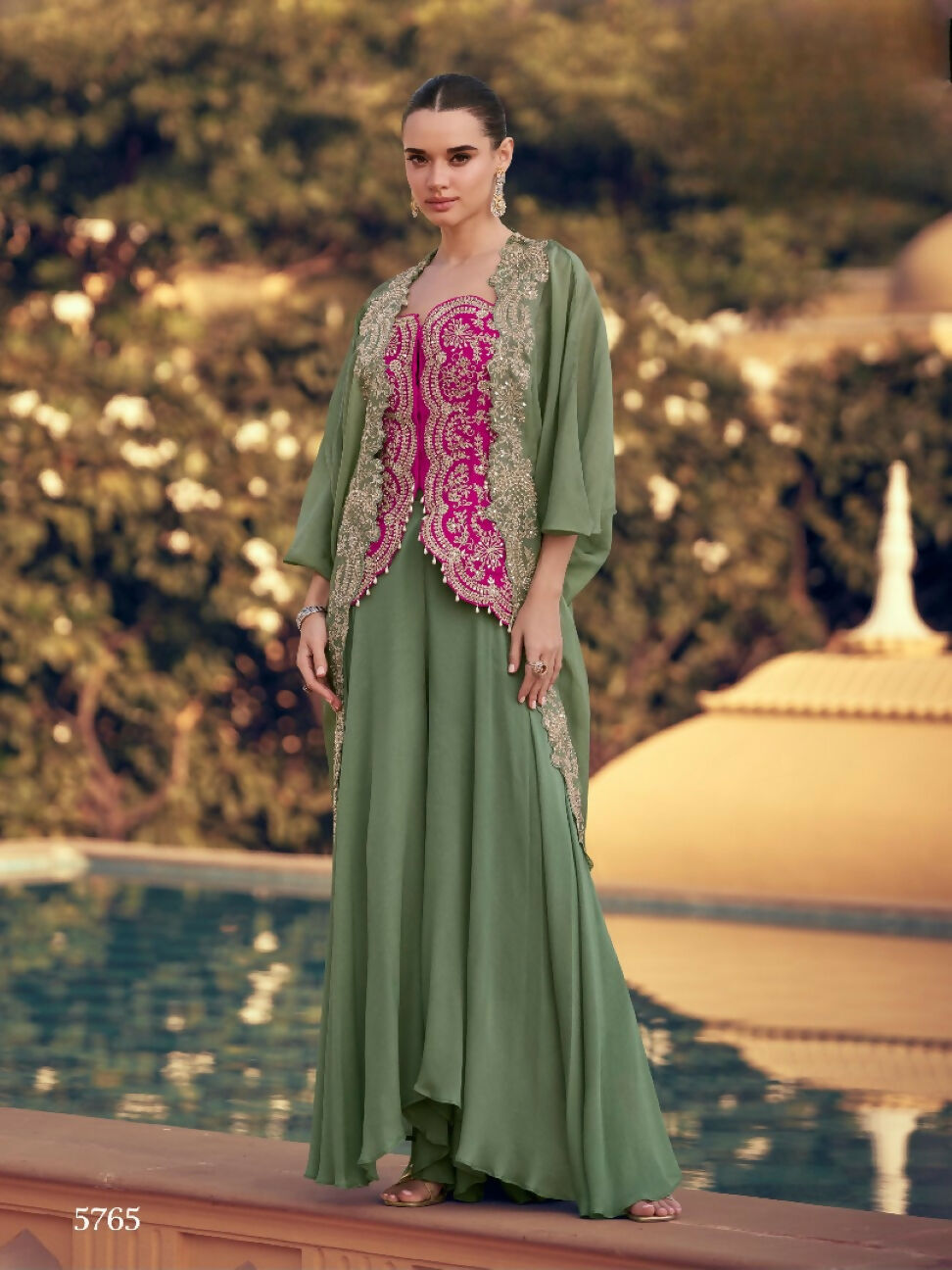 Anaita Mehendi Chinon Readymade Shrug Suit with Heavy Embroidery Work | Grocsy