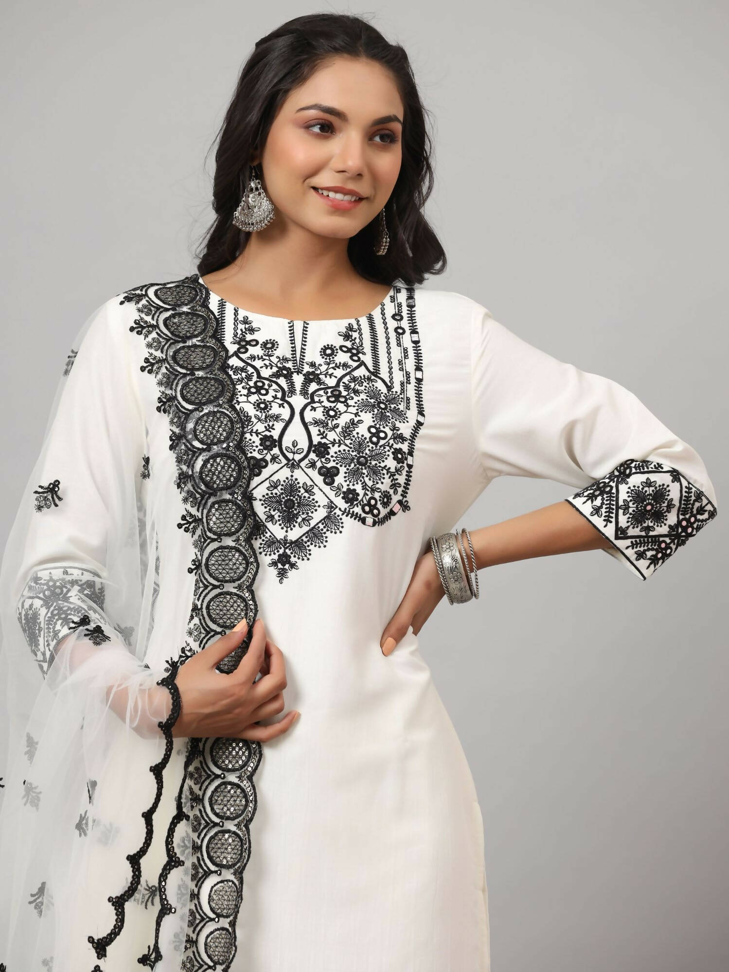 Juniper Women's White Chinnon Solid Embroidered Kurta Set | Grocsy