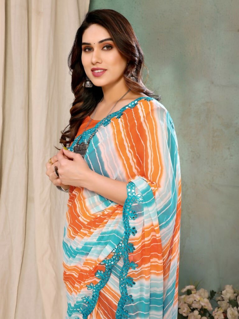 Aafreen Partywear Designer Orange & Blue Georgette Fancy Saree | Grocsy